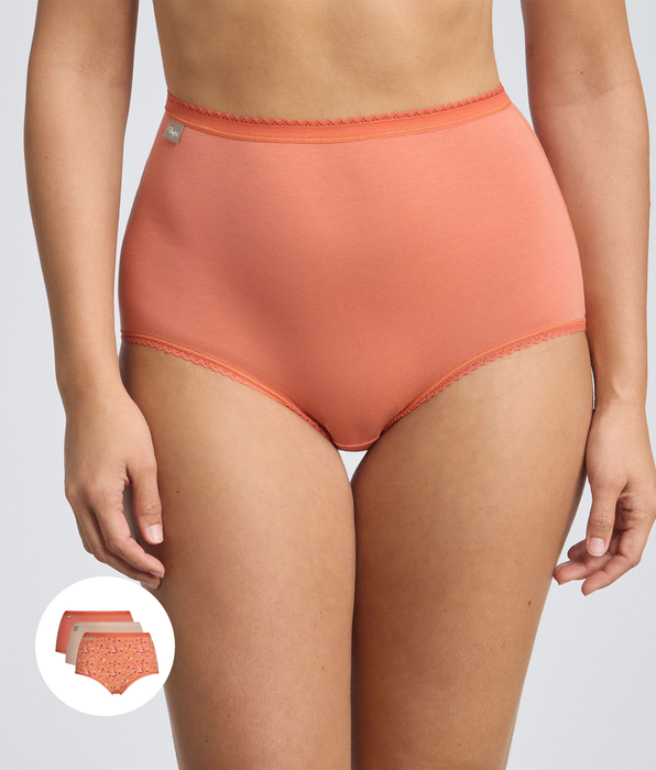 Playtex® Pack of 3 high-waisted knickers in orange, beige and orange floral print Cotton Stretch