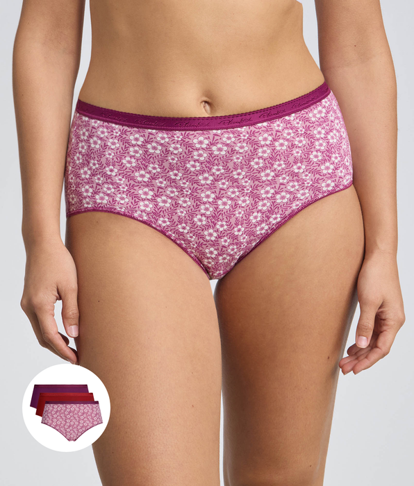 Playtex® Lot de 3 culottes rouge, violet et imprimé fleuri Coton Bio