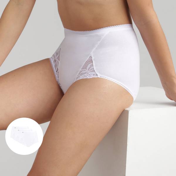 3 Pack of Full Knickers in White – Cotton & Lace, , PLAYTEX