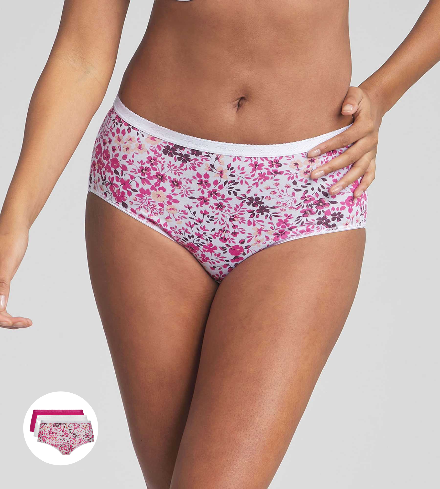 Pack of 3 midi knickers in Floral Print/White/Fuschia - Organic Cotton, , PLAYTEX